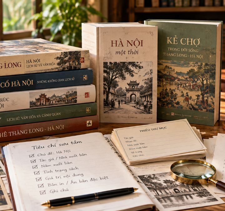 Những cuốn sách được chọn theo một chủ đề đặt cạnh sổ ghi chép kế hoạch sưu tầm.